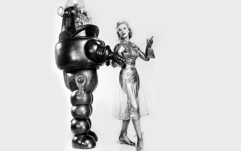 Woman with robot in sci-fi costume