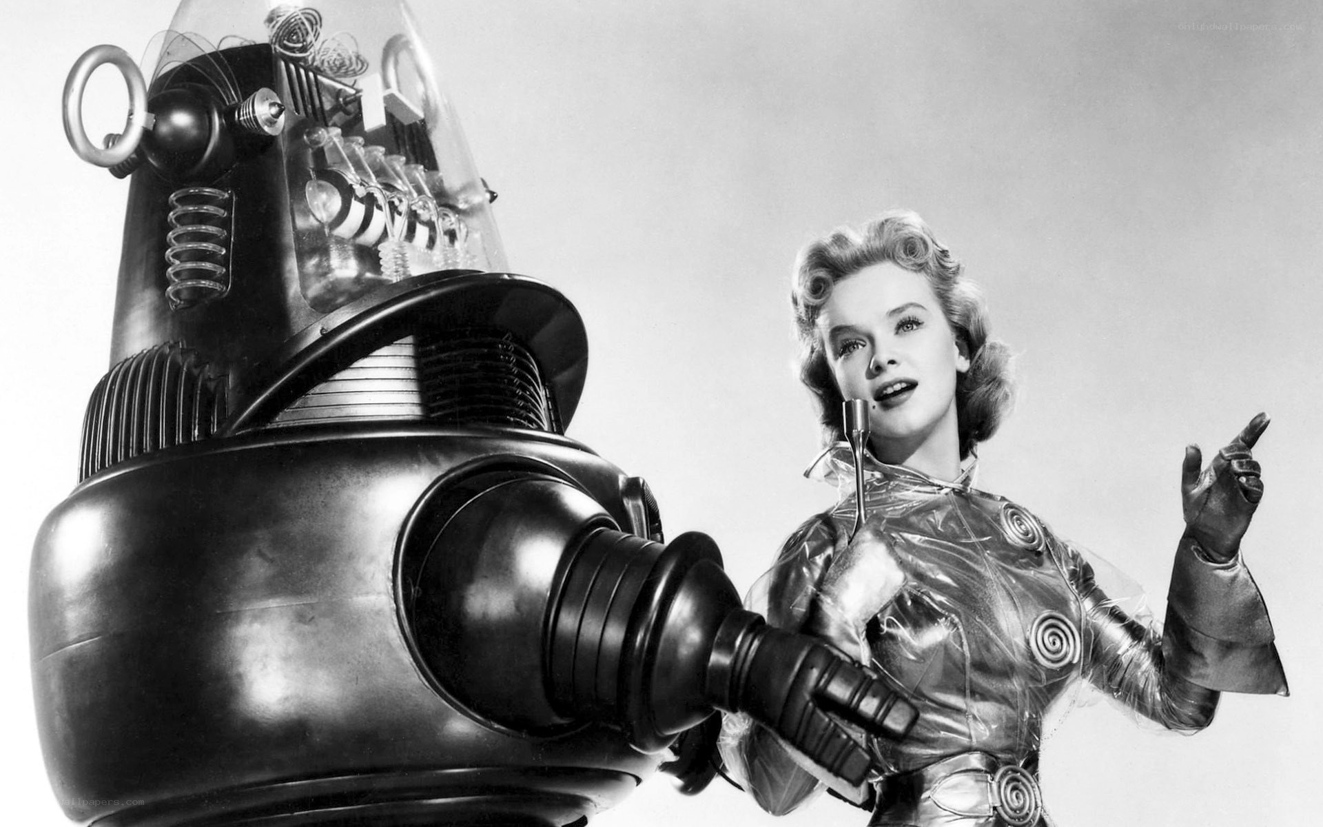 Woman with robot in sci-fi scene