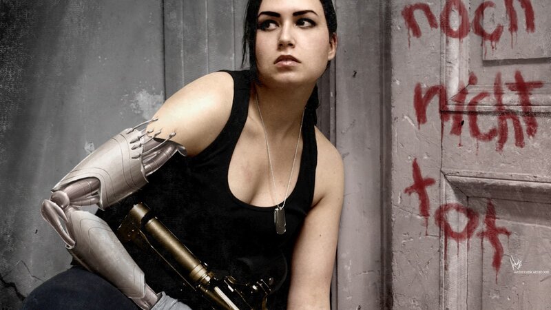 Woman with Robotic Arm — Black, Dramatic, Digital Art, Robotic Arm