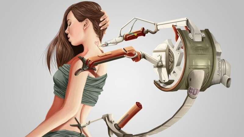 Woman with Robotic Arm — Gray, Dramatic