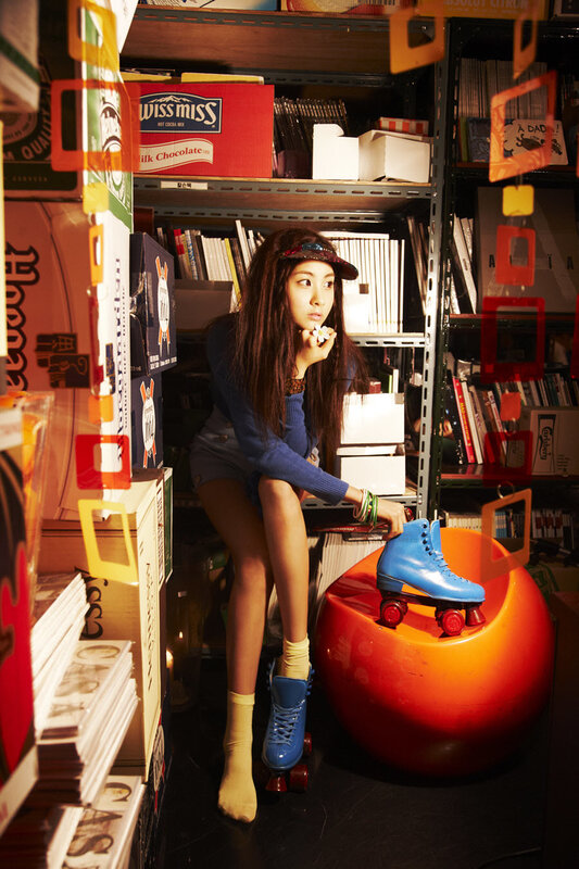 woman with roller skates in storage room