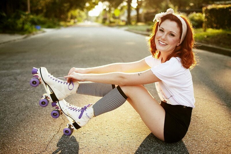 Woman with Roller Skates — White, Happy