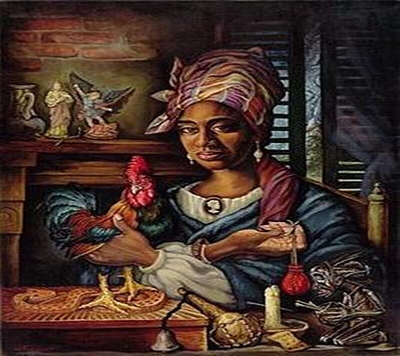 woman with rooster in room