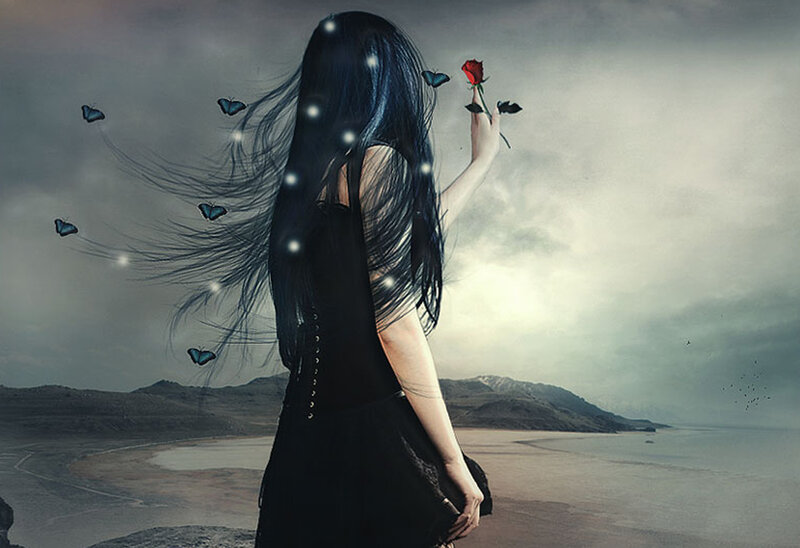 Woman with rose and butterflies