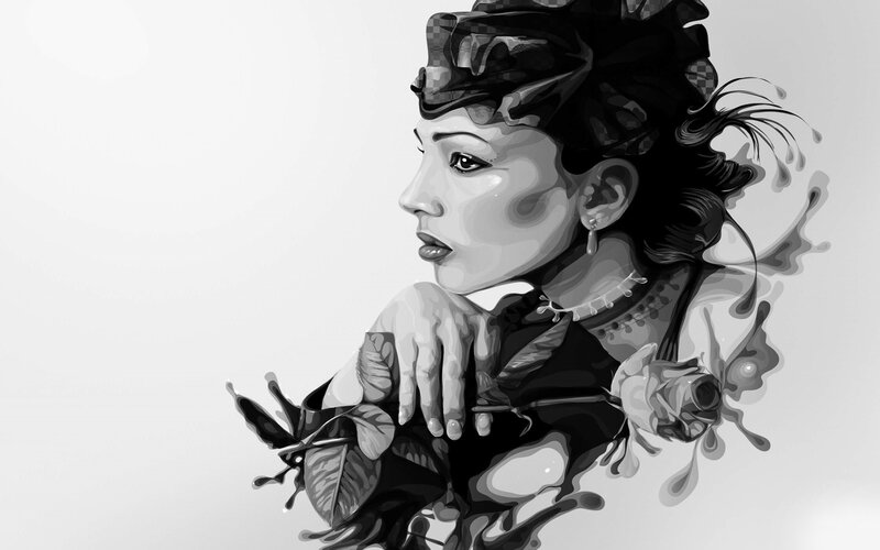 Woman with Rose — Black, Dramatic, Digital Art, Hat, Earring