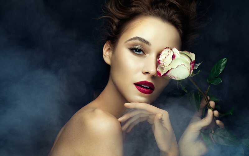 Woman with Rose — Black, Dramatic, Photograph, Smoke
