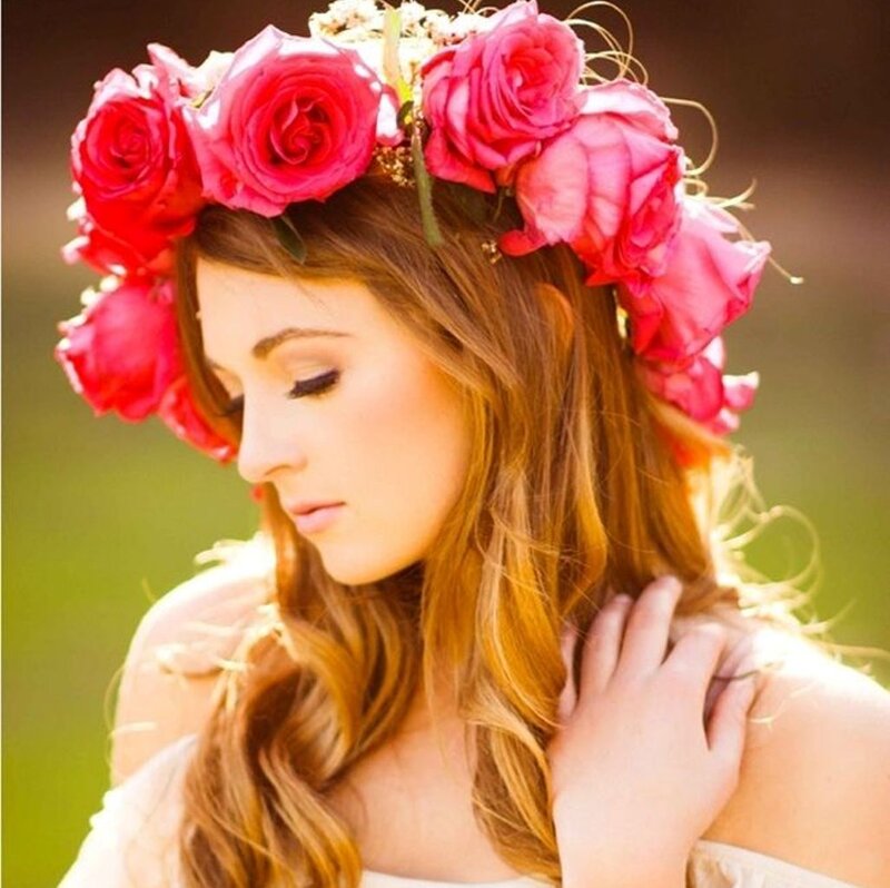 Woman with Rose Crown — Pink, Serene, Afternoon, Photograph