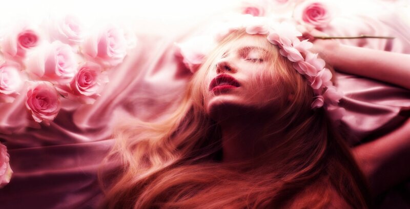 Woman with Rose Crown — Pink, Serene, Photograph, Roses