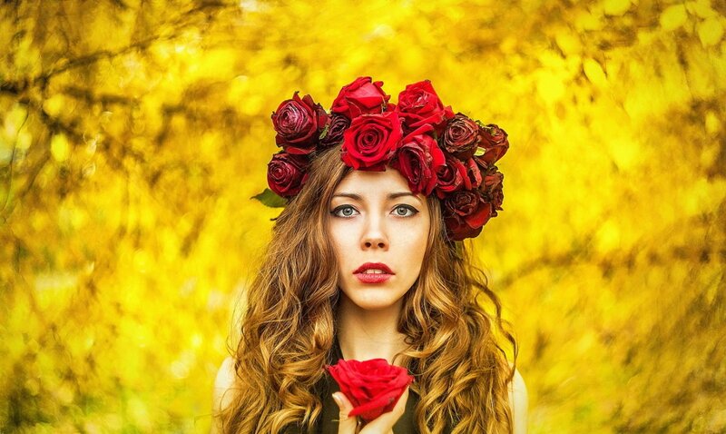 Woman with Rose Crown — Red, Dramatic, Autumn
