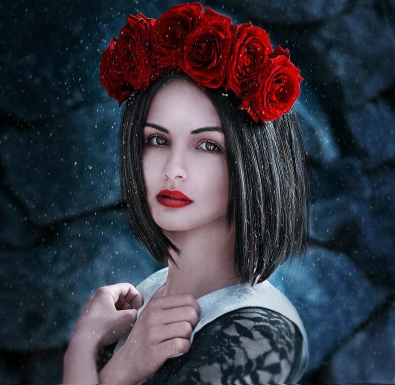 Woman with Rose Crown — Red, Dramatic, Night, Digital Art