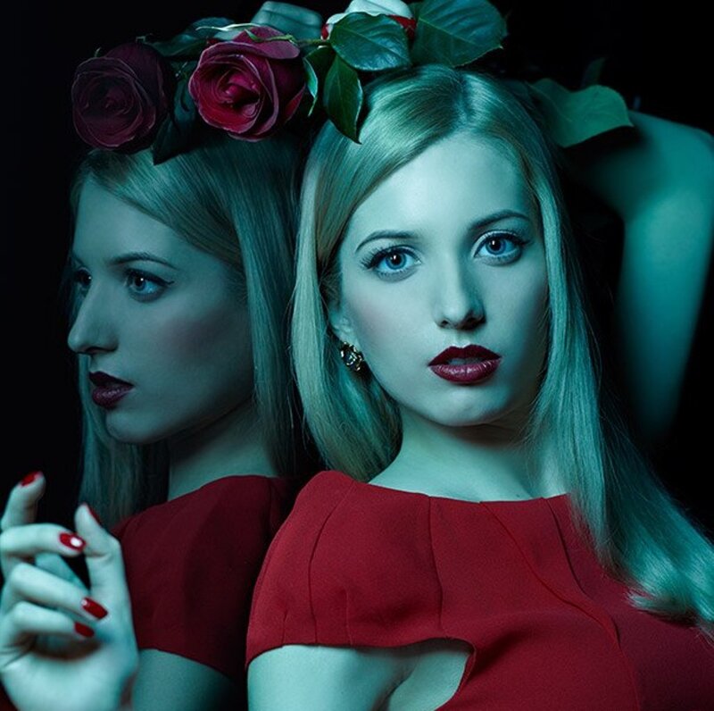 Woman with Rose Crown — Red, Dramatic, Night, Photograph