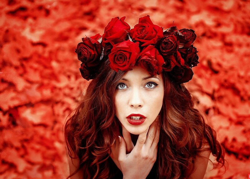 Woman with Rose Crown — Red, Dramatic, Photograph, Roses
