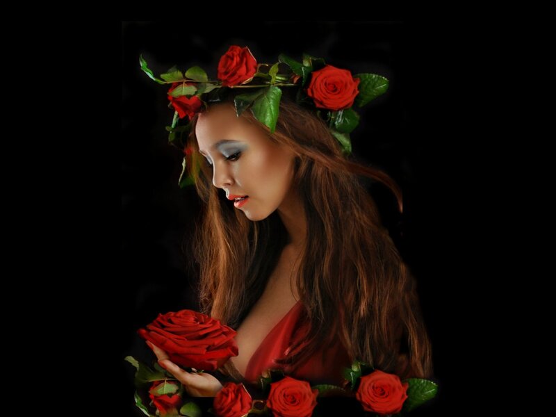 Woman with Rose Crown — Red, Dramatic, Photograph