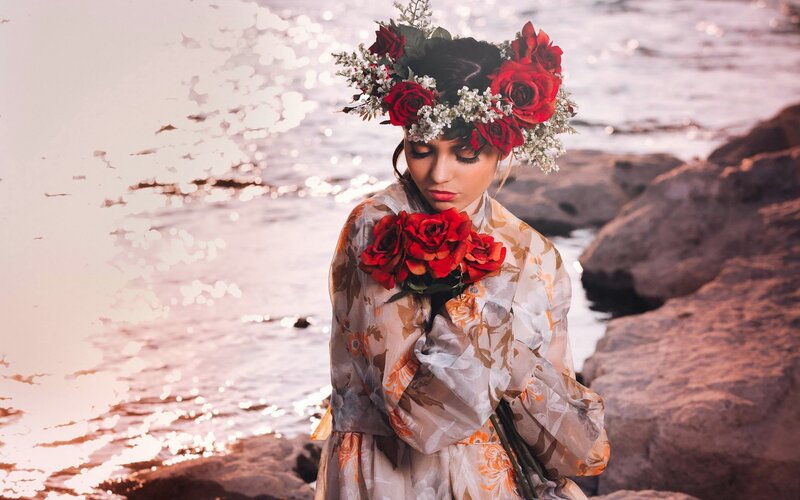 Woman with Rose Crown — Red, Dramatic, Sunset