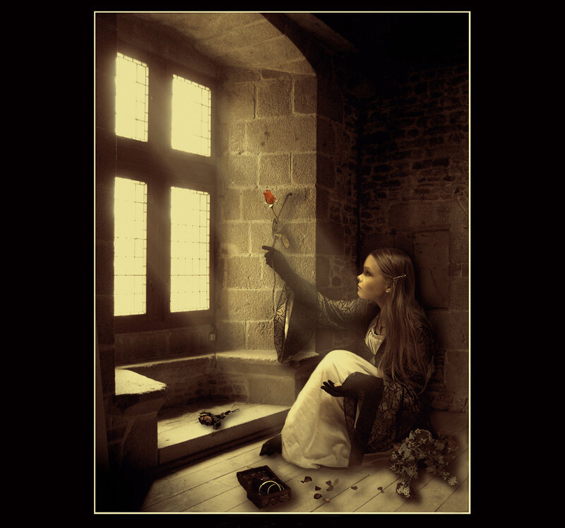 woman with rose in castle