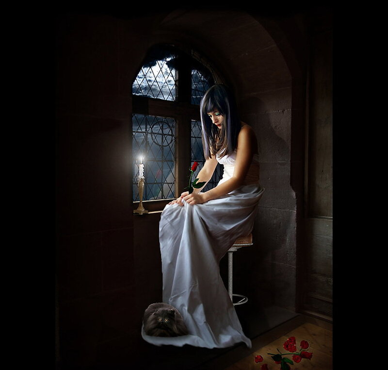woman with rose in castle