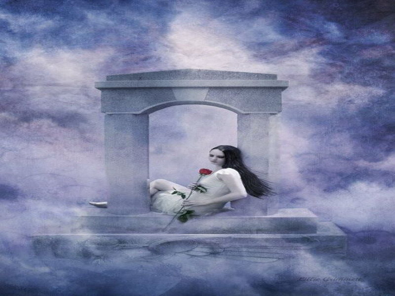 woman with rose in crypt