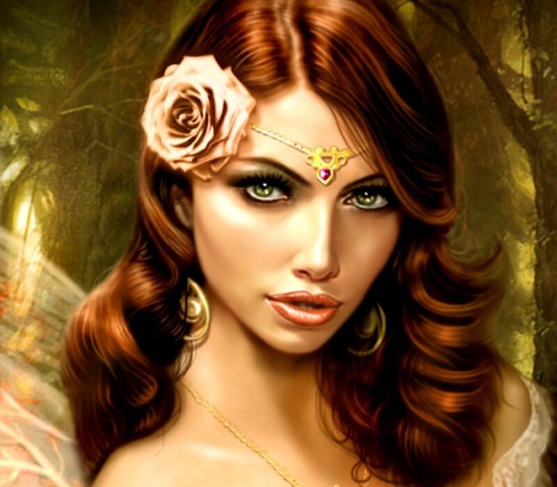 Woman with Rose in Hair — Brown, Dramatic, Digital Art