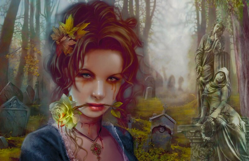 Woman with Rose in Mouth — Green, Melancholic