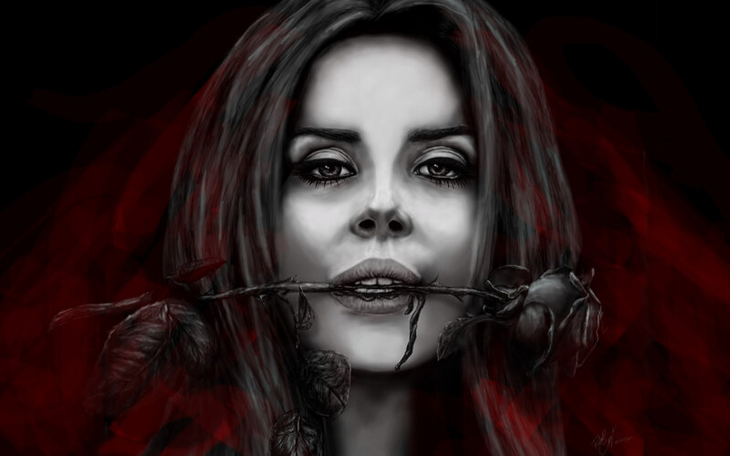 Woman with Rose in Mouth — Red