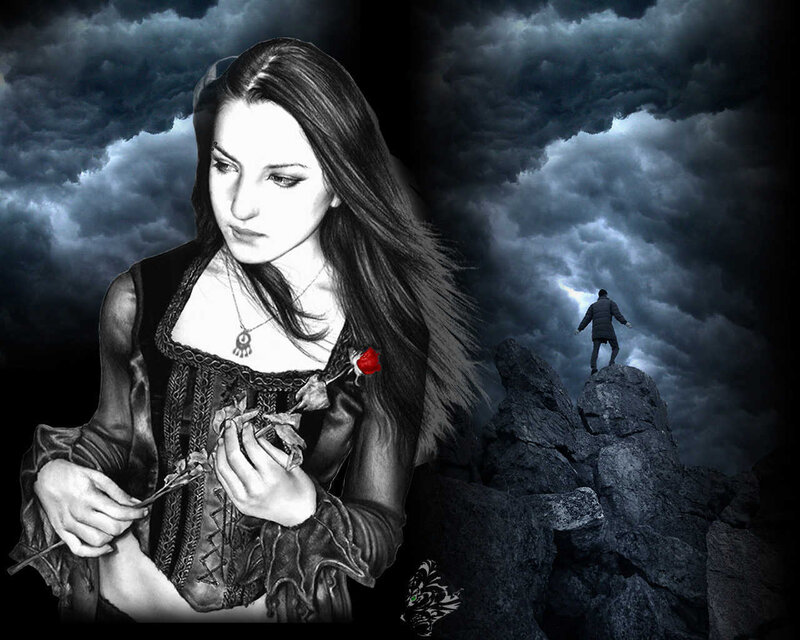 woman with rose in storm