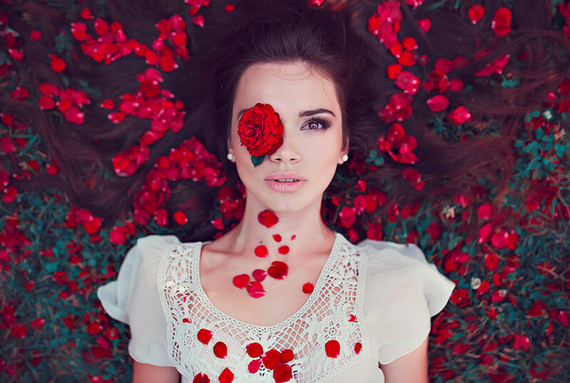 Woman with Rose on Face — Red