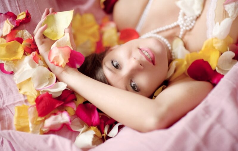 Woman with Rose Petals — Pink, Serene