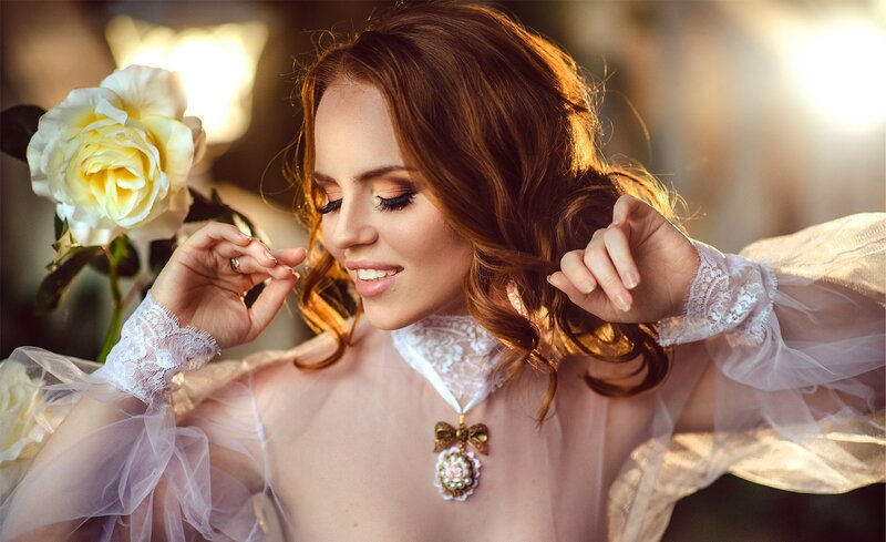Woman with Rose — White, Serene
