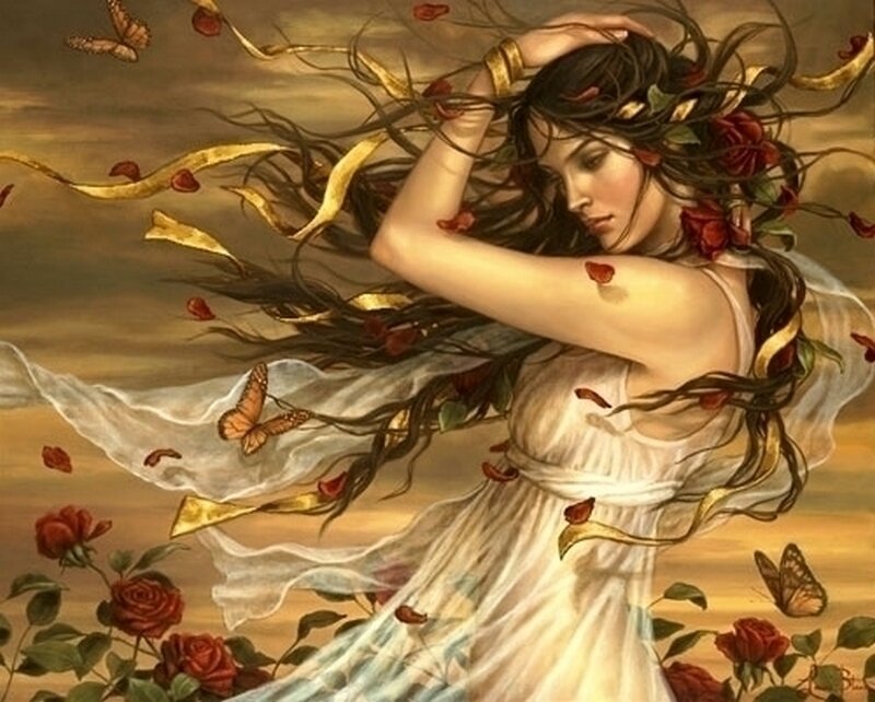 woman with roses and butterflies