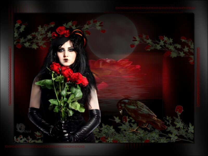woman with roses and crow