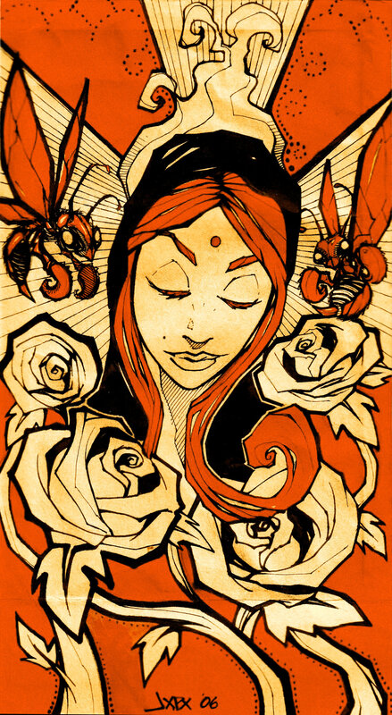 woman with roses and insects