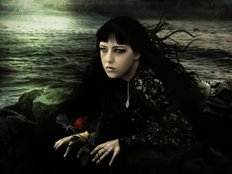 Woman with Roses — Black, Dramatic, Night