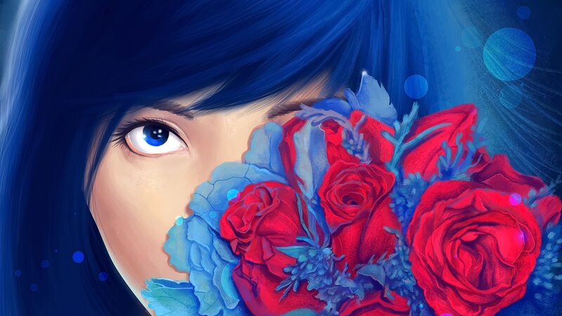 Woman with Roses — Blue, Dramatic
