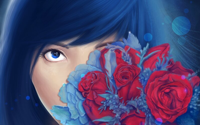 Woman with Roses — Blue, Dreamy