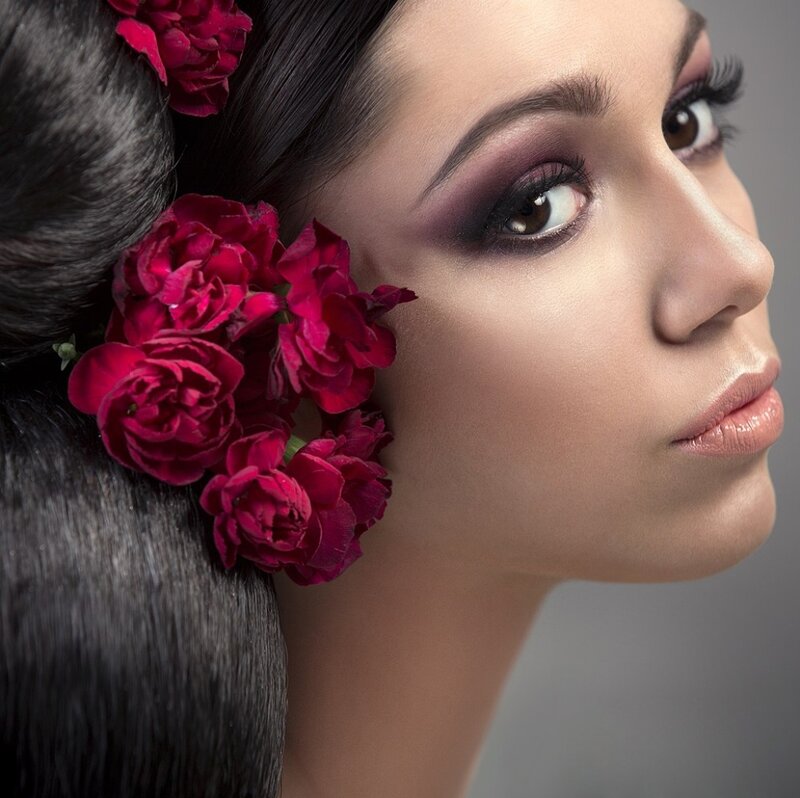 Woman with Roses in Hair — Red, Dramatic