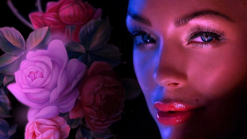 woman with roses in neon light