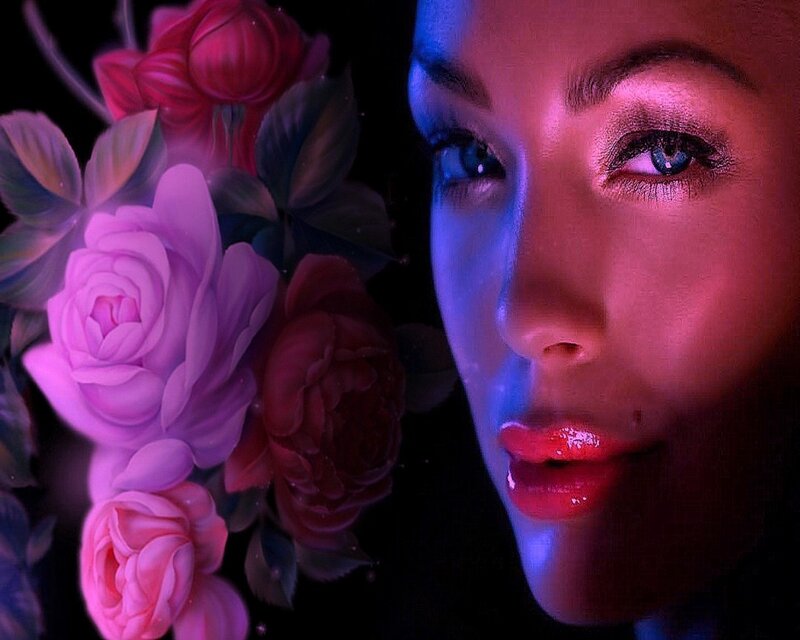 woman with roses in neon light