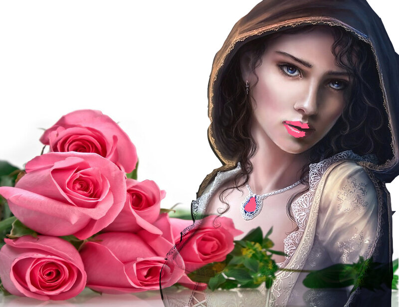 Woman with Roses — Pink, Dramatic, Digital Art