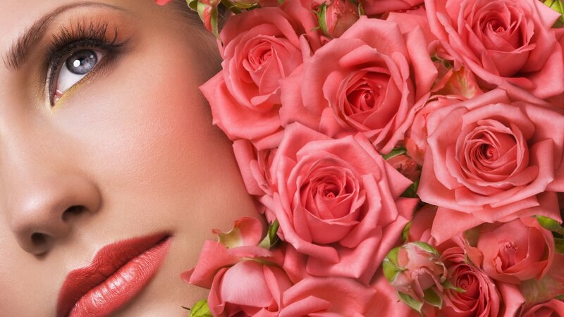 Woman with Roses — Pink, Serene, Photograph, Eye, Lips