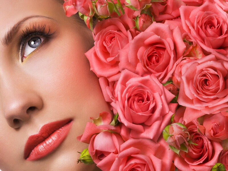 Woman with Roses — Pink, Serene, Photograph, Eye