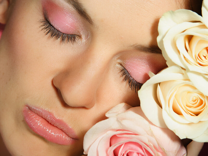 Woman with Roses — Pink, Serene, Photograph, Eyes, Lips, White