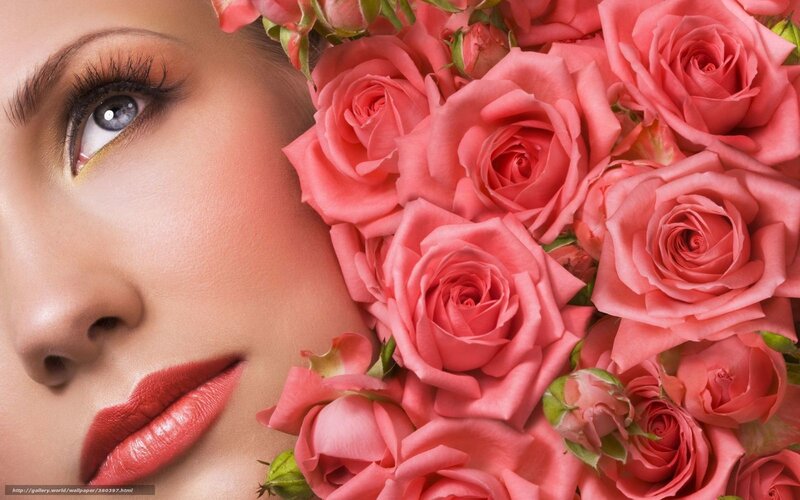 Woman with Roses — Pink, Serene, Photograph, Eyes
