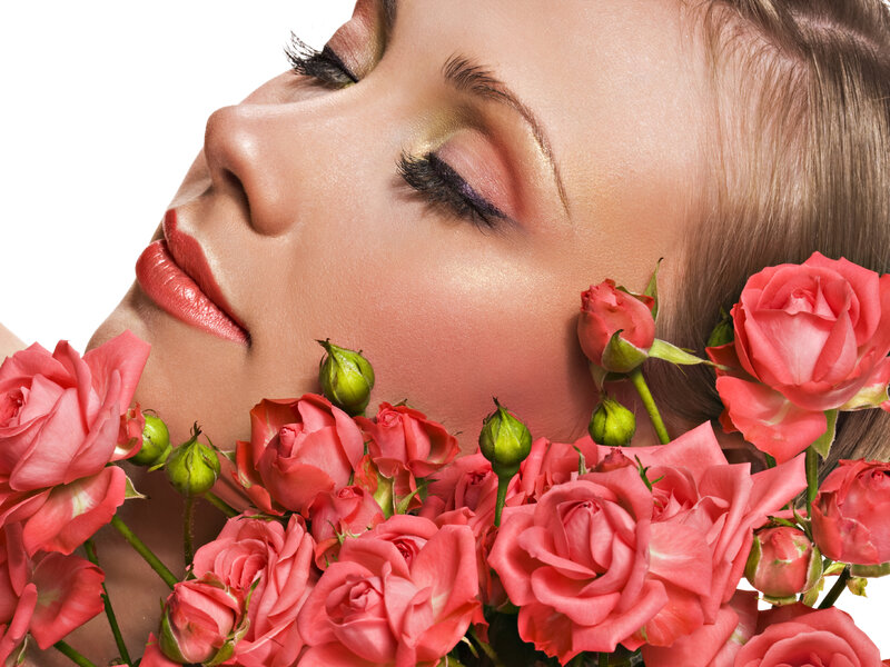 Woman with Roses — Pink, Serene, Photograph, Makeup