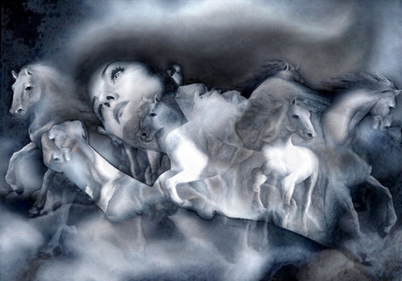 woman with running horses