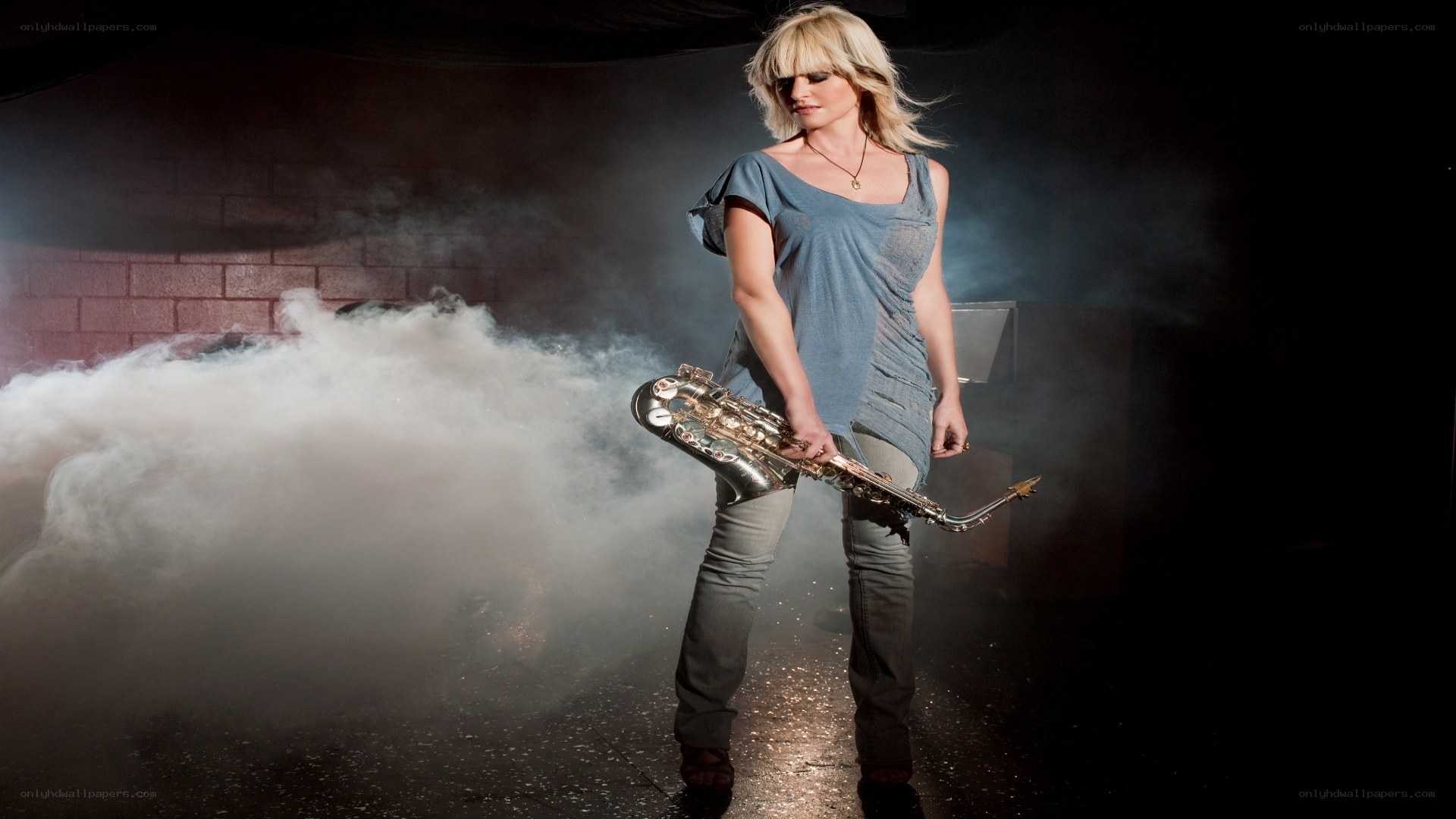woman with saxophone in smoke