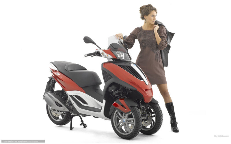 Woman with Scooter — Red, Neutral, Photograph, Dress, Boots