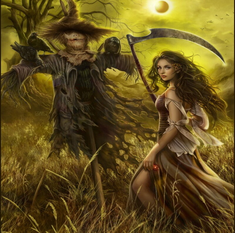 Woman with Scythe and Scarecrow