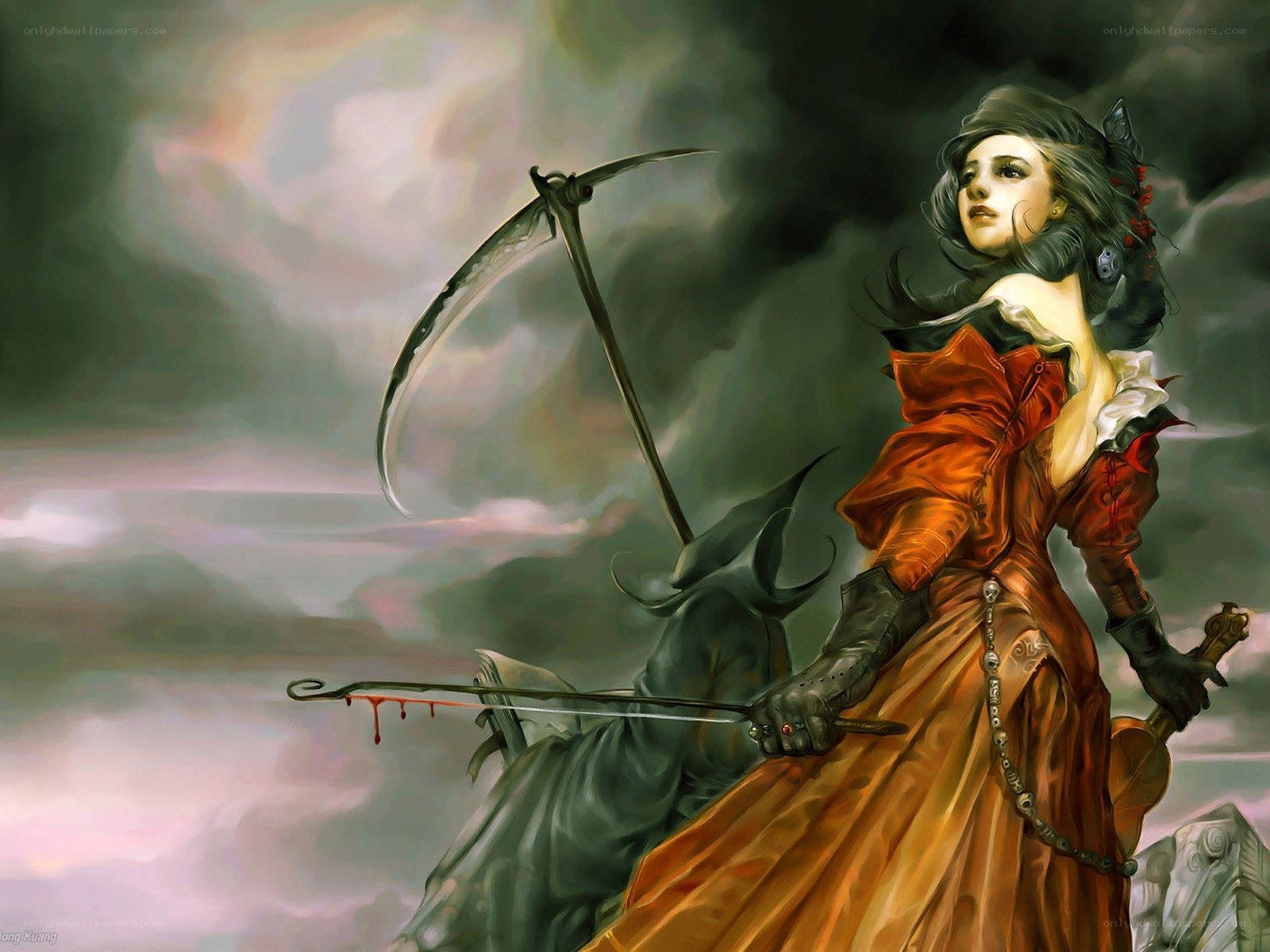 Woman with scythe and sword