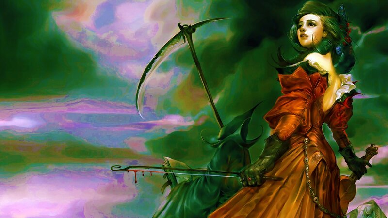 Woman with Scythe — Green, Dramatic, Digital Art