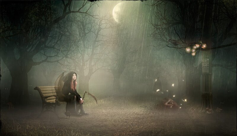 Woman with Scythe in Forest — Green